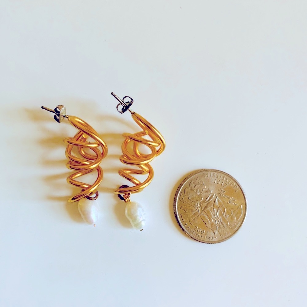 GOLD Swirl Earrings with Freshwater Pearl Dangle - Picture 5 of 7